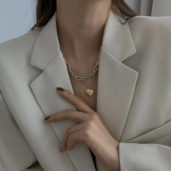 Double Layer Women Jewelry Gold Heart Charms Pendant Necklace New - Picture 2 of 11